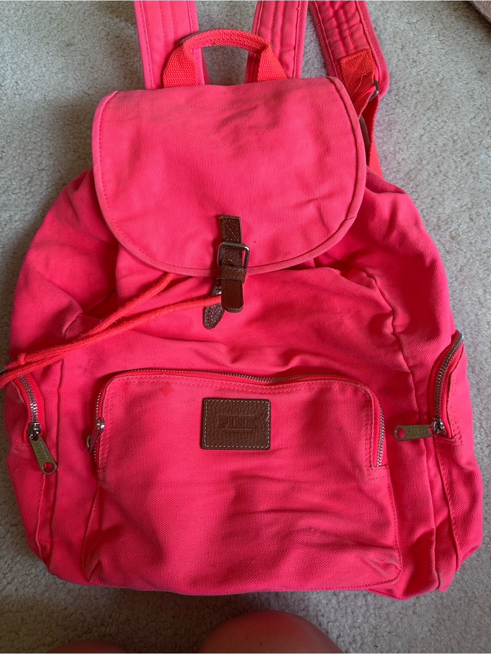 PINK Victoria's Secret Hot Pink Canvas Tote with Brown Trim